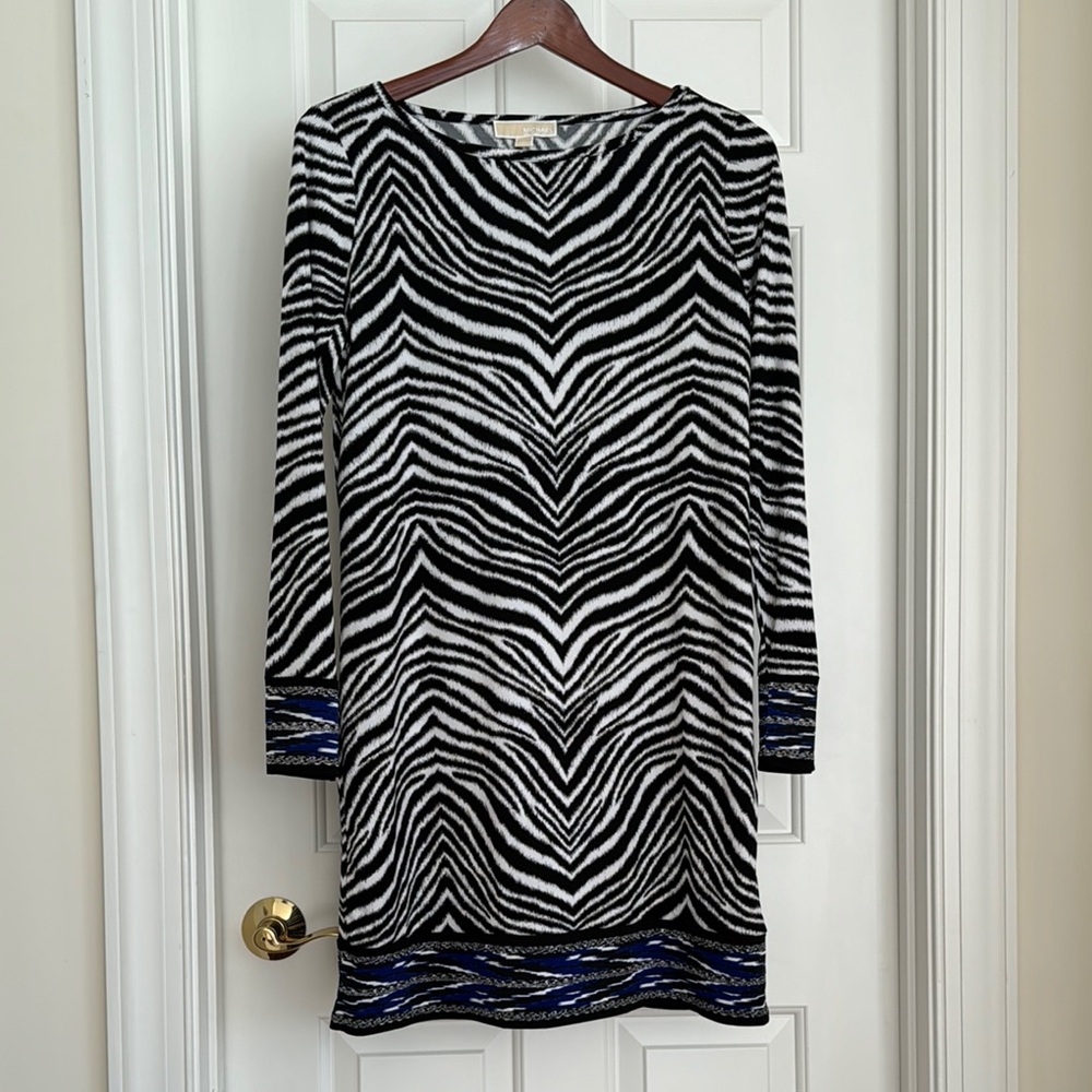 Michael Kors Dress Tunic Size XL Zebra Print Blue Accents Long Sleeves